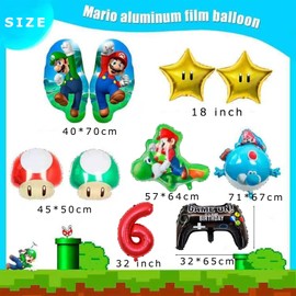 Pack of 10 Mario Birthday Decoration, 6 Years Children's Birthday Decoration, Cartoon Foil Balloons for Boys Girls