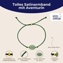Glücksschmiedin - Aventruin Armband Damen mit Karten-Set, Edelsteinarmband Grün mit Goldperlen und edler Geschenkbox mit 6 verschiedenen Glückwunschkarten für jeden Anlass.