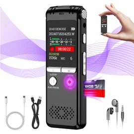 ZIPCIDE 64GB Digital Voice Recorder, 1536Kbps One-Touch Recording Diktiergerät Aufnahmegerä mit Playback, Geräuschunterdrückung Audioaufnahmegerät für Vortrag/Interviews/Klassen/Meeting - ZIPICIDE