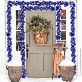 Prashent 66 Ft Hanukkah Tinsel Garland Blue Metallic Garland with Silver Stars Hanukkah Chanukah Decorations for Outdoor Indoor Holiday Party Christmas Supplies