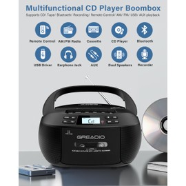 Greadio Boombox CD Player Cassette Player Combo, Boom Box Portable CD Players for Home with Bluetooth, Support AM FM Radio/Remote Control/AUX/USB/Earphone, AC/Battery Operated, LCD Display (Black)