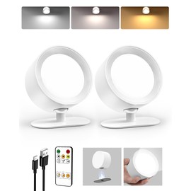 AMETHEUS LED Wall Mounted Lights, Rechargeable Wall Sconces Lamp, 3 Color Temps & Remote and Touch, 360°Rotation Dimmable Cordless Wall Light for Study Bedroom Reading Bedside(White, 2 Pack)