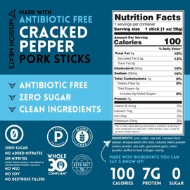 Mission Meats Cracked Pepper Pork Meat Sticks – Sugar Free, Individually Wrapped, AIP Friendly, Delicious Healthy Snacks, Paleo, Whole 30, 1oz (12ct)