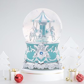 Carousel Music Box Silver & Mint Christmas Snow Globes, 7.1" Rotate Carousel Snow Globe for Kids & Adults, Classic Wind up Musical Snow Globe Birthday Gifts for Women Girls, Carousel Horse Home Decor