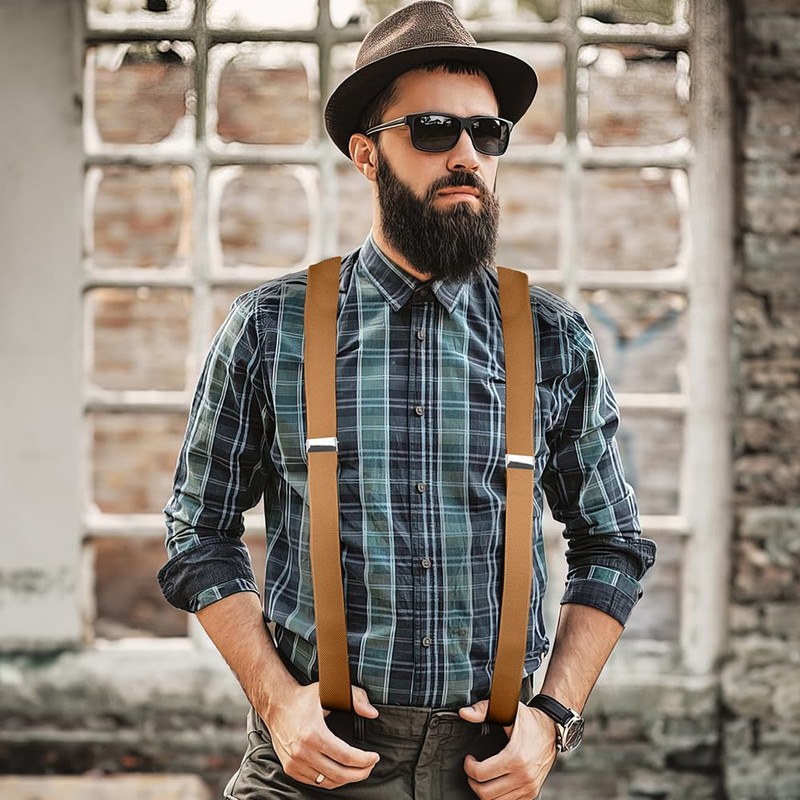 Vesberkl Beige Leather Suspenders - Firefighter Style, Button Closure for