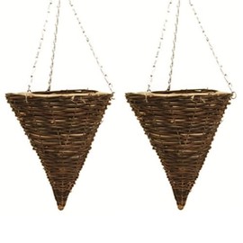 Fyne-Finds Set of 2 Cone 30cm, 12inch Dark Brown Wicker Hanging Basket Lined Rattan Willow Planter