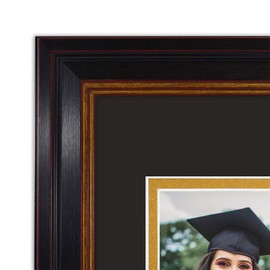 Golden State Art, 11x19.5 Diploma Frame for 8.5x11 Document/Certificate and 5x7 Picture - 2 Openings - Black with Gold Trim and Burgundy Accents - Black over Gold Double Mat - Real Glass - Wall Mount