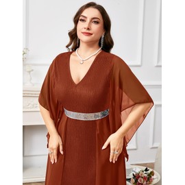 ZOMVA Plus Size Formal Dress V Neck Chiffon Handkerchief Sleeve Mother of Bride Dresses Wedding Guest Party Evening Gown, Brown Orange, 0X