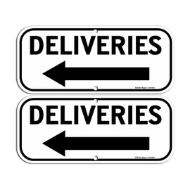Deliveries Sign with Arrow, 2-Pack 14x6 Inches Rectangle Rust Free Aluminum Metal Sign,Weather/Fade Resistant,Easy to Mount,Black on White,Indoor/Outdoor Use (Left)