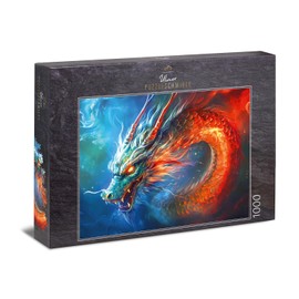Ulmer Puzzleschmiede - 1000 Piece Puzzle "Dragon Fire" - The Dragon with the Red of Fire in Contrast to the Dark Blue of the Night - Puzzle Quality Made in Germany