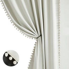 Treatmentex Pompom Blackout Window Curtain Panels Natural Ivory Full Blackout Curtains for Bedroom Basement Small Windows 52" W x 45" L 2 Panels Rod Pocket