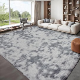 GarveeHome Fluffy Area Rug- Shag Area Rug for Living Room, Shaggy Large Indoor Thick Living Room Carpet with Non-Slip Backing, Soft Plush Carpet for Bedroom,9x12,Tie-dye Light Grey