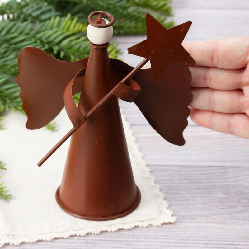 6-1/2" Rustic Tin Angel Christmas Tree Topper Holding a Star