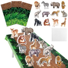 Letsroar Safari Jungle Wild Animal Theme Tablecloth Set - 3 Plastic Forest Table Covers with 24 Paper Table Centerpieces for Jungle Theme Birthday Party Baby Shower Decor