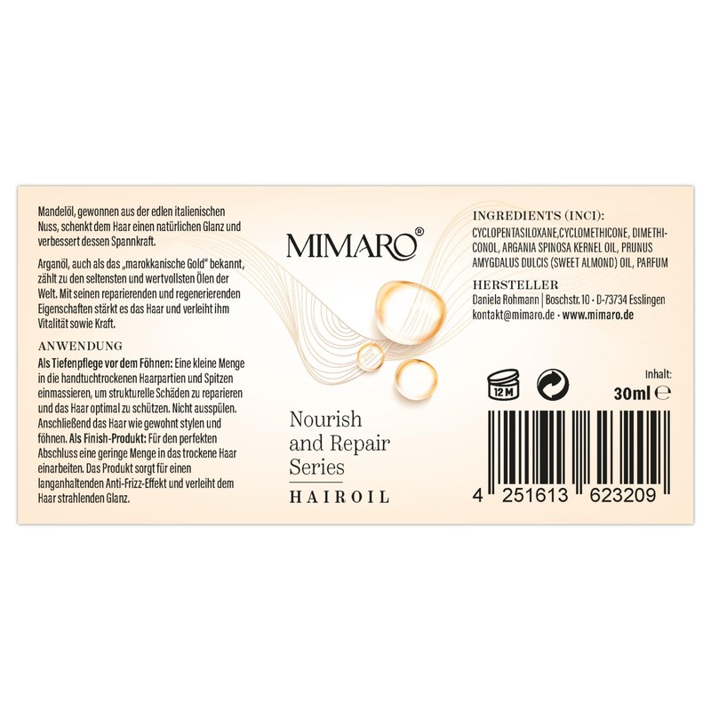 Mimaro® Nourish & Repair Haaröl – Arganöl, Mandelöl, Cashmere Extract