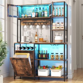 CBBPET Bakers Rack with Power Outlet and LED Light, 67.8" H Farmhouse Coffee Bar Cabinet, Kitchen Microwave Stand with Storage Cabinet, Kitchen Tilt Out Trash Cabinet, Goblet Holder and 8 Hooks