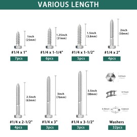 64pcs 1/4" Hex Lag Bolts Screws Washer Assortment Kit,Heavy Duty Wood Screws, 1" 1-1/4" 1-1/2" 2" 2-1/2" 3" 3-1/2" Silver,Stainless Steel 18-8 (304)