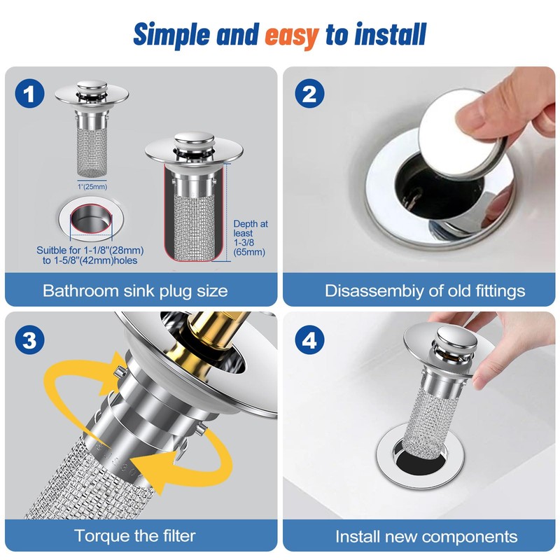 2024 New Pop Up Bathroom Sink Drain Strainer Hair Catcher,