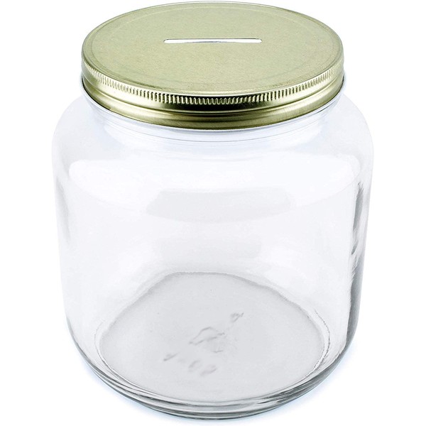 Cornucopia Large Coin Bank Jar; Half Gallon Clear Glass Piggy Bank with Gold Slotted Lid