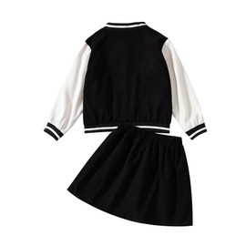 Ecolala Girls 2 Piece Outfits Letter Baseball Jacket with Pleated Short Skirt Set Back To School Black 9-10Y