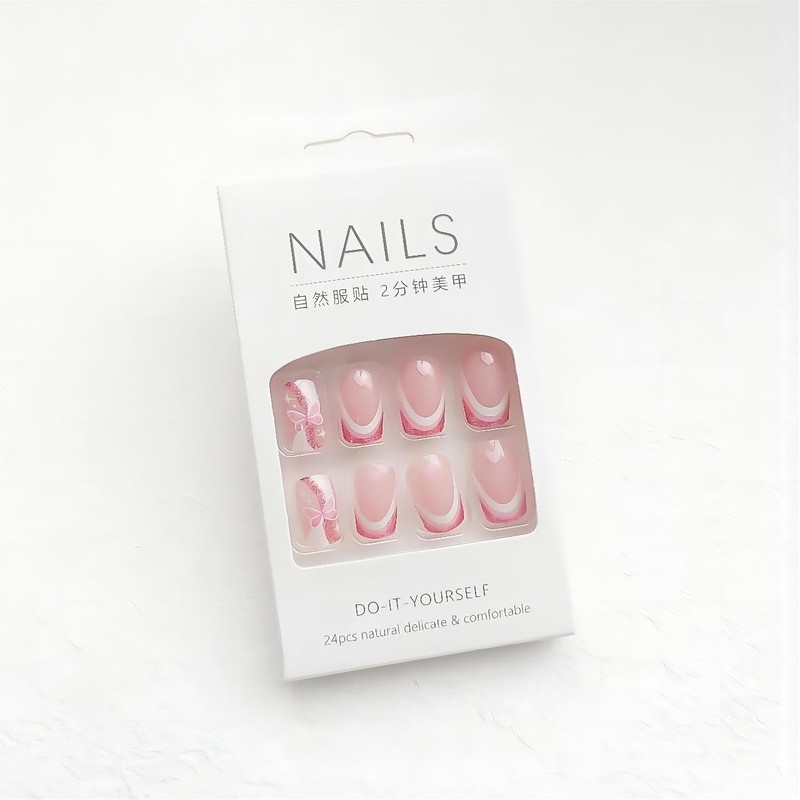 RTKHFZE 24Pcs Medium Square French Tip Glossy Pink Heart Design