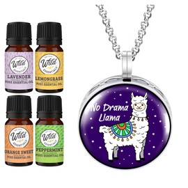 Wild Essentials No Drama Llama Necklace Essential Oil Diffuser Kit, Lavender, Lemongrass, Peppermint, Orange Oils, 8 Refill Pads, Calming Aromatherapy Gift Set, Customizable, Perfume