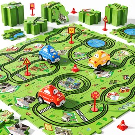 NIPLOOOW 64 PCS Puzzle Track Car Set for Boys & Girls, Ages 3-6, City-Themed Puzzle Race Tracks, Green