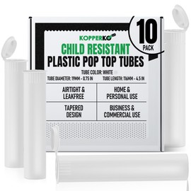 Kopperko Pop Top Tubes (116mm, 4.6 Inch 10-Pack) | Child Resistant Small Pill Bottles for Travel | Waterproof Tube for Spices | Airtight, UV Resistant & Waterproof (White Plastic)