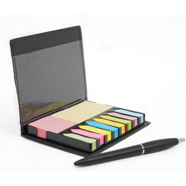 Kit Porta Notas Adhesivas con Estuche de Curpiel Organizador de Escritorio para Oficina, Escuela o Trabajo Incluye Pluma, Notas Adheribles y Separadores de Colores Compacto y Resistente