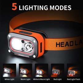 Jzcokeng Headlamp Rechargeable, Lightweight LED Head Lamp, Motion Sensor Head Flashlight, Super Bright Outdoor Waterproof Headlight for Camping, Fishing, Hunting, Running, Repairing, Hiking