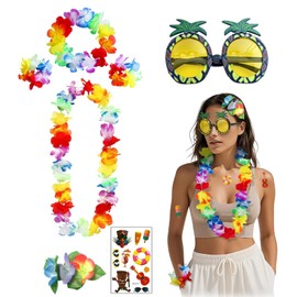 LMSHOWOWO Hawaii Necklace Flowers 7 Pieces Hawaiian Flower Necklace Set with Hawaiian Leis Temporary Tattoos Sunglasses Headbands Bracelets for Hawaiian Costume Women's Tropical Beach Luau Birthday