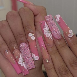Press on Nails Long Square Fake Nails with 3D Flower Rhinestones Designs Pink French Nails Press ons Glossy Glue on Nails Nude Acrylic Nails Cute False Nails Artificial Stick on Nails for Women 24Pcs