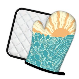 Abstract Sea Waves with Sun Oven Mitts and Pot Holders Kitchen Cooking Gloves 2 Pcs Set Heat Resistant Pad for Baking BBQ Home Decor