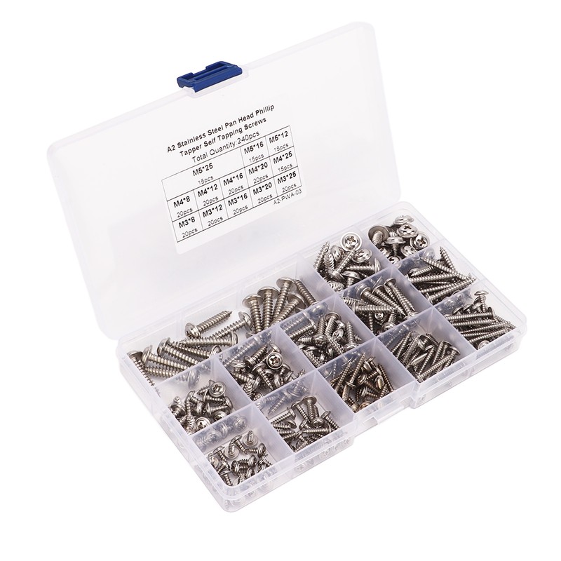 240Pcs Self Tapping Screws Cross Pan Head Stainless Steel M3