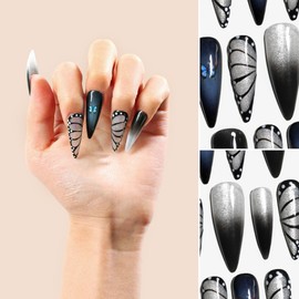 Sun&Beam Nails Handmade Press-on Long Pointed Nails Silver Black Butterfly Gray False Nail Tips Design Fashionable 10 Pcs Set (#160 L)