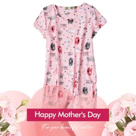 Inadays Sleepwear Women's Nightgown Cotton Sleepshirts Short Sleeve Nightshirt Print Sleep Dress R Neck Nightdress Loose Comfy Pajama Pink Cat Large