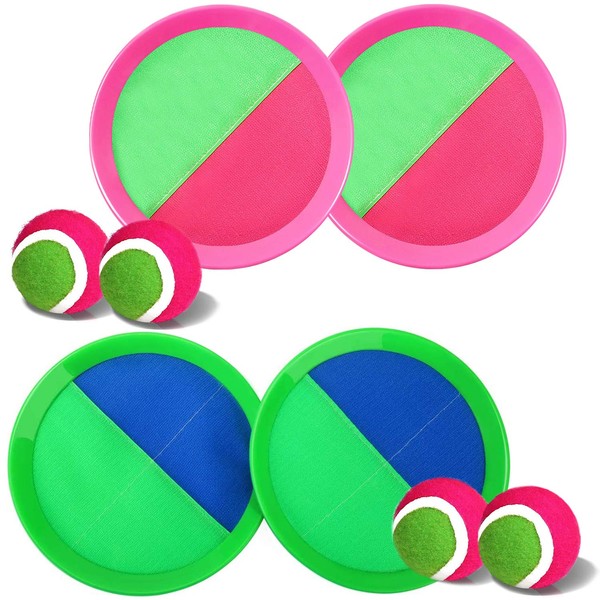 Ball Catch Set Game Toss Paddle – Upgraded Backyard Target Throw Catch Sticky Mitt Tennis Ball Set Age 3 4 5 6 7 8 9 Years Old Boy Girl Kids Easter Outdoor Beach Toy Gift with Bag (Green+Pink 2 Pack)
