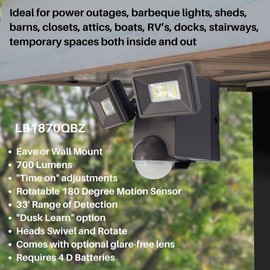 IQ America Battery Operated Motion Security Sensor Flood Light, 700 Lumen LED, Indoor Outdoor Universal Eave Soffit or Wall Mount Closet Shed Attic Workshop Garage Grill Light BZ