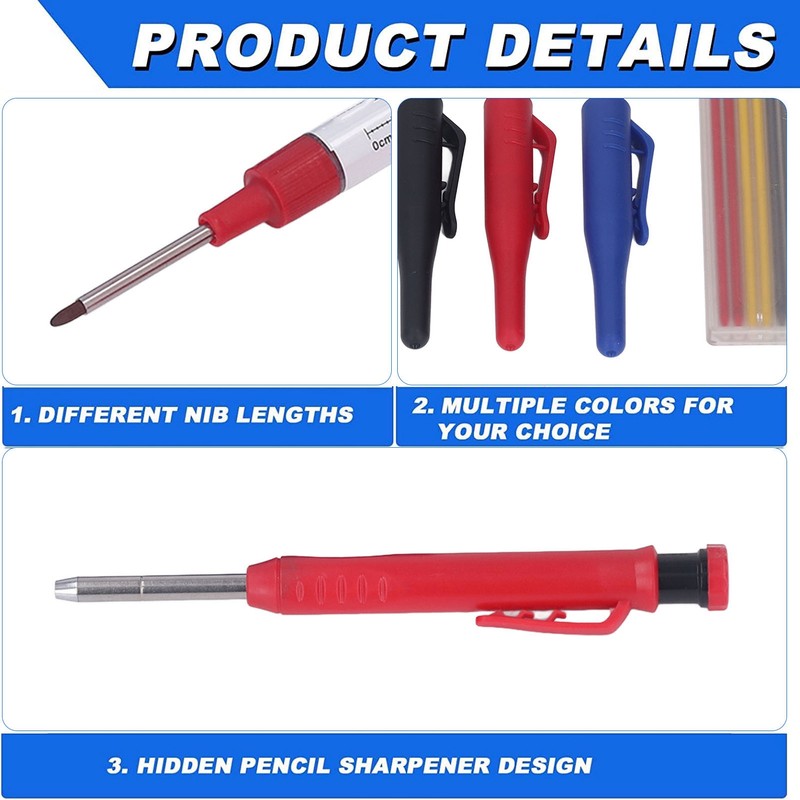 Carpenter Pencil Marker Set Multifunctional 6 Long Nib Deep Hole