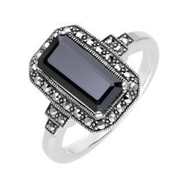 Esse Marcasite Sterling Silver Large Octagon Black Spinel & Marcasite Art Deco Statement Ring (O)