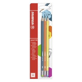Hexagonal Graphite Pencil with Eraser - STABILO pencil 160 - Pack of 3 - Petrol, Orange, Yellow - HB