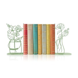 Flower Vase Bookends, Metal Decorative BookEnds for Shelves Cute Book Ends for Office Home Decor, Ideal Gift for Book Lovers (Green)