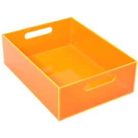 Large Acrylic Storage Bin Pantry Storage Container for Organizing with Handles Kitchen Organizer Bin for Organization of Fridge Cabinet Cupboard, Heavy Duty, 15.4 x 11.4 x 5.5 Inch, Neon Orange
