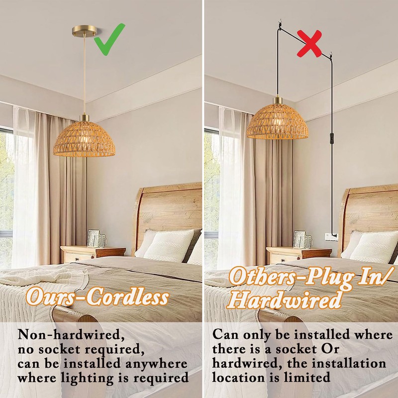 Nekhung Battery Operated Pendant Light with Remote-Battery Chandelier Handwoven Rattan,