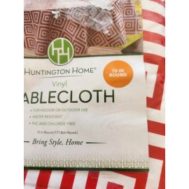 Huntington Home Vinyl Tablecloth 70" Round Red White New Indoor Outdoor