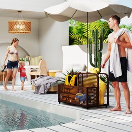 Outsunny Patio Wicker Pool Float Storage with Wheels, Outdoor Rolling PE Rattan Pool Caddy, Includes Compartment and Basket, for Pool, Garden, Deck, Brown