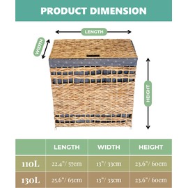 Handwoven Natural Seagrass Laundry Hamper 130L with Handles, Lid and 2pcs Liners of 100% Linen, Multi-Use Wicker Laundry Sorter Rattan Storage Basket for Blankets Pillows Ropes Clothes Toys