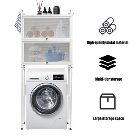 CeRaBuRET Over The Toilet Bathroom Storage Cabinet, Wood Metal Space Saver Stand Behind Toilet, Industrial Freestanding Bathroom Rack Above Toilet with Shelf for Toilets, Balconies (White)