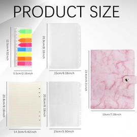 FYY Leather A5 Ring Binder Notebook - 6 Ring A5 Binder with A5 Refill Papers, Binder Pockets and PVC Sticky Notes, Travel Binder Journal Personal Planner with Ring Binder Marble-Pink