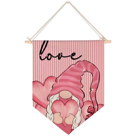 Smilyard Pink Valentine's Day Hanging Pennant Banner Wall Decor Pink White Stripes Gnomes with Love Heart Decoration Hanging Flag for Bedroom Front Door Wedding Anniversary Holiday Decor